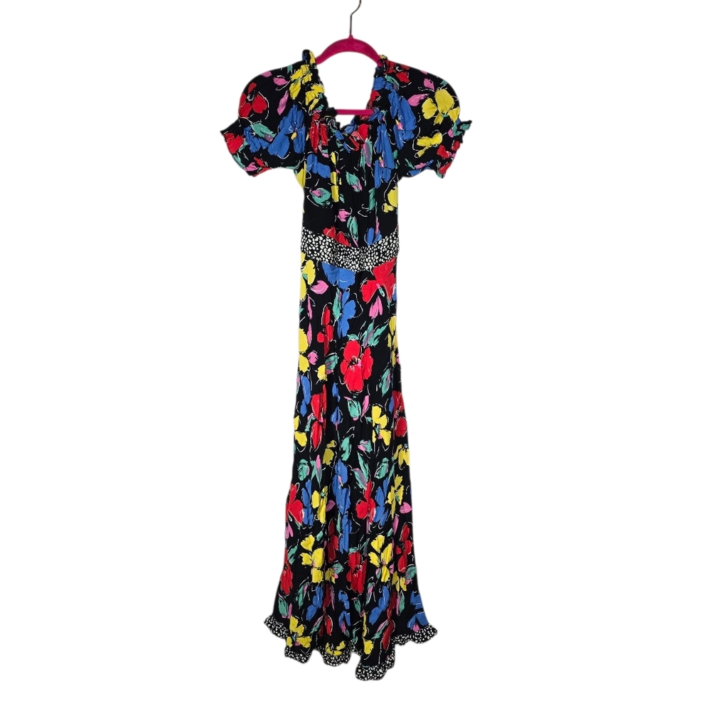 Rixo Size 2 Black Floral off Shoulder Puff Sleeve Maxi Dress NWT